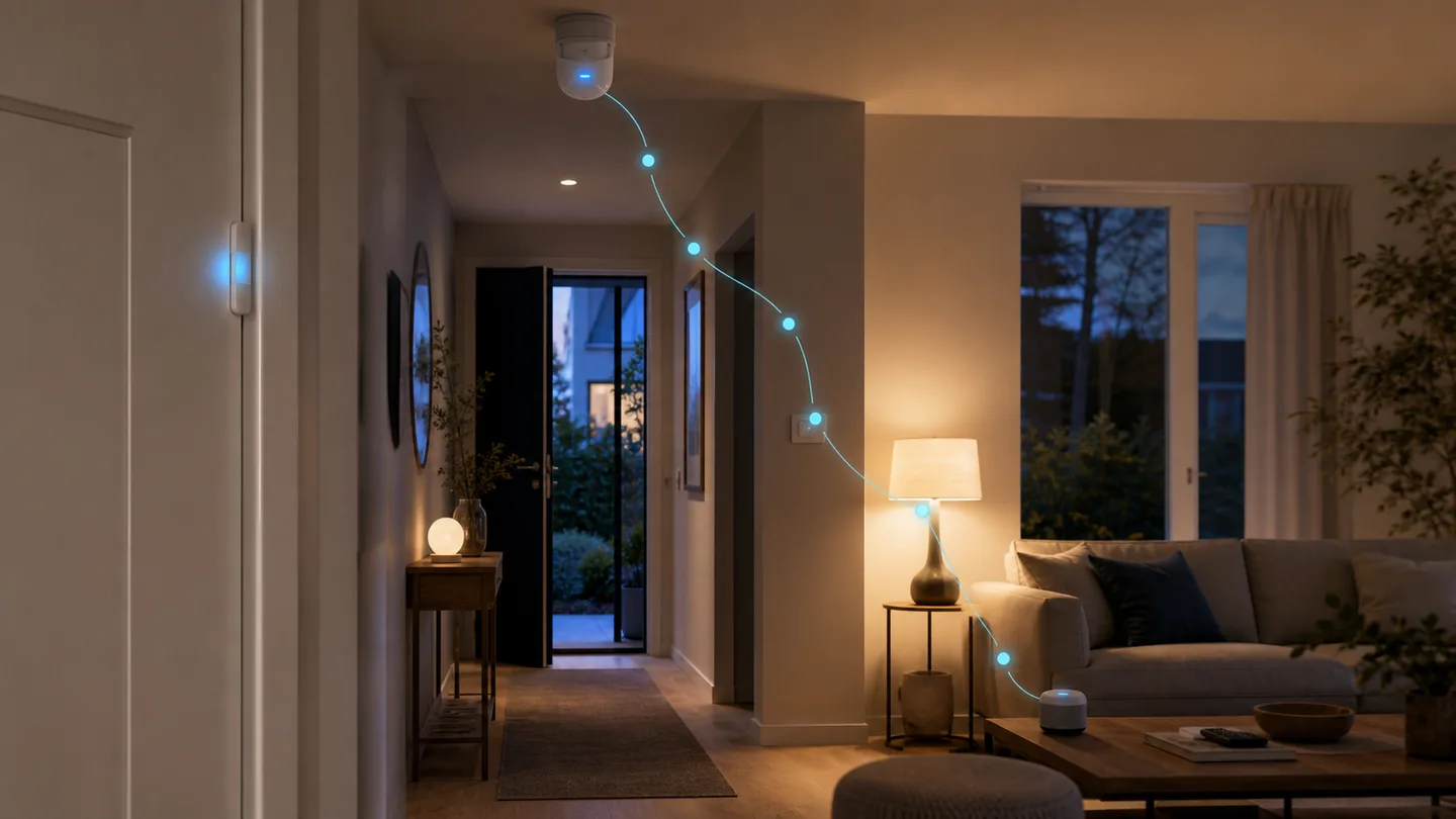 An entrance hall and living room with a subtle timeline connecting a door sensor, motion, and a light