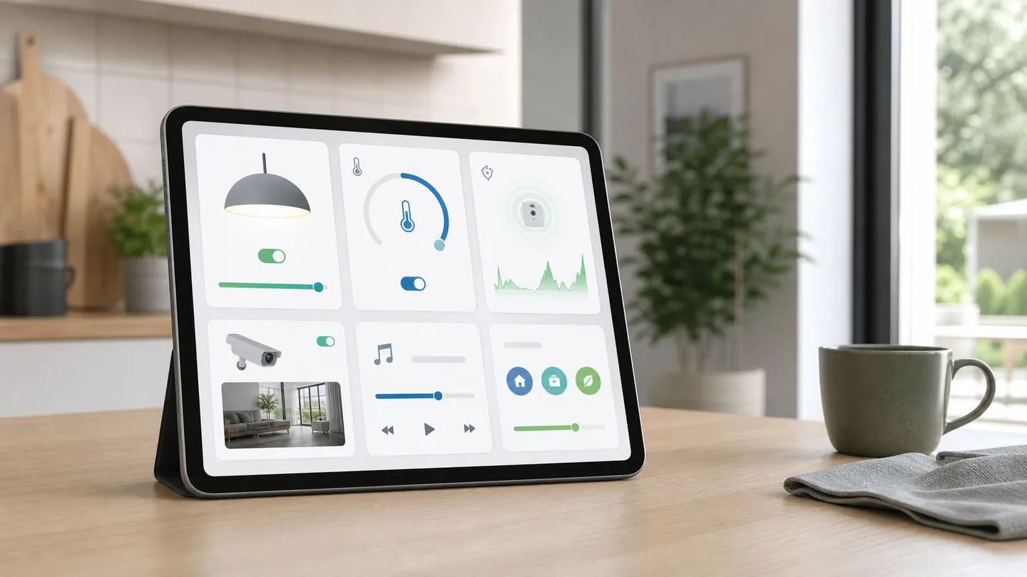 A tablet with a simple set of dashboard cards for lighting, temperature, a sensor, camera, and media