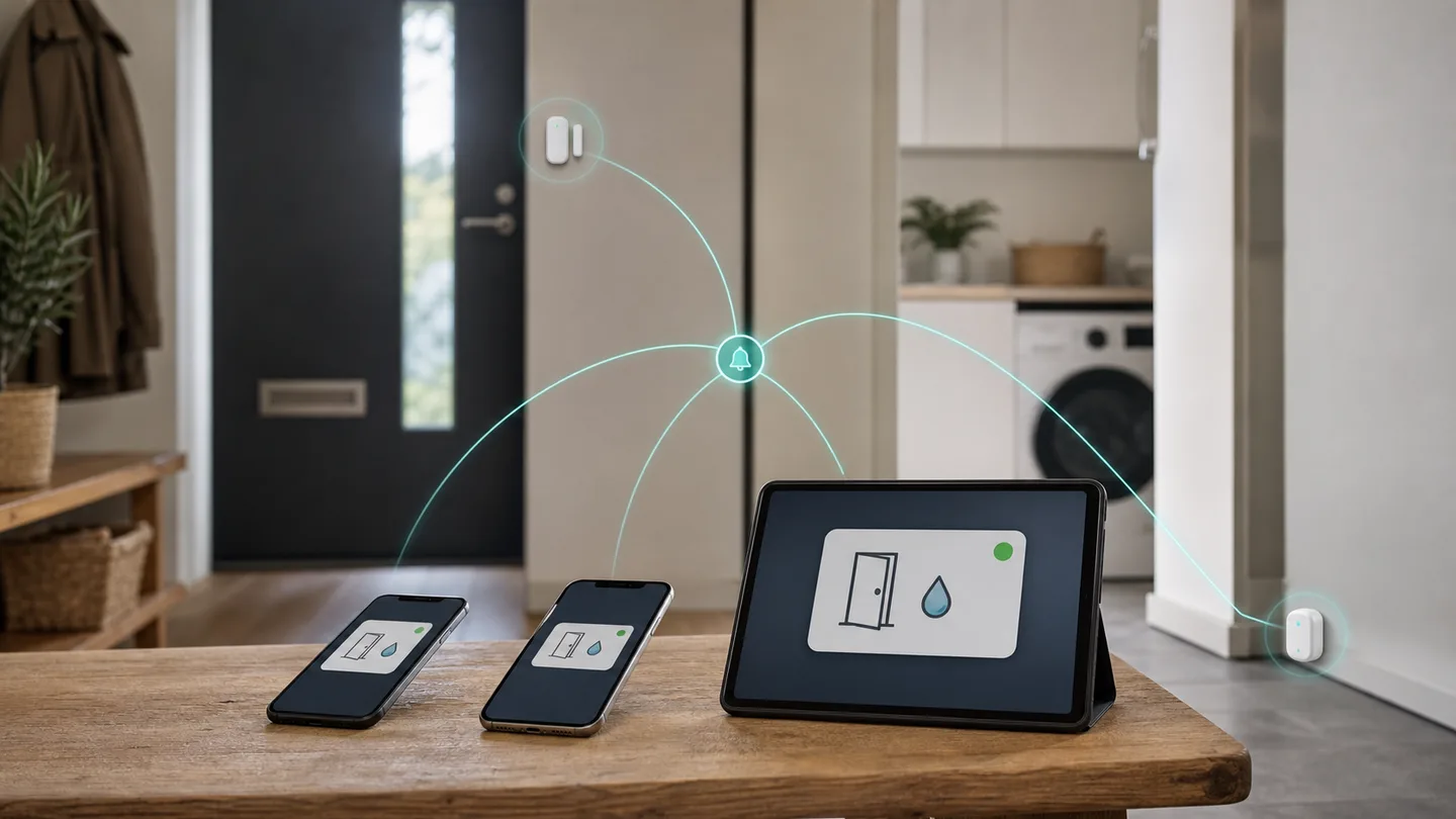 Two phones and a tablet receive the same simple smart-home message from one shared notification