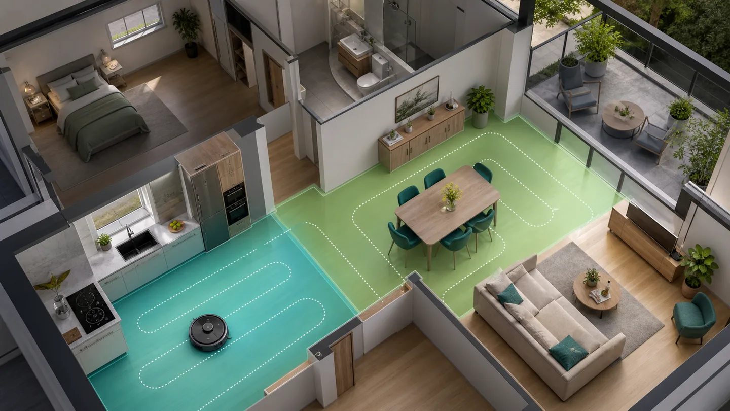 A robot vacuum cleans the kitchen and dining area while other rooms remain unselected