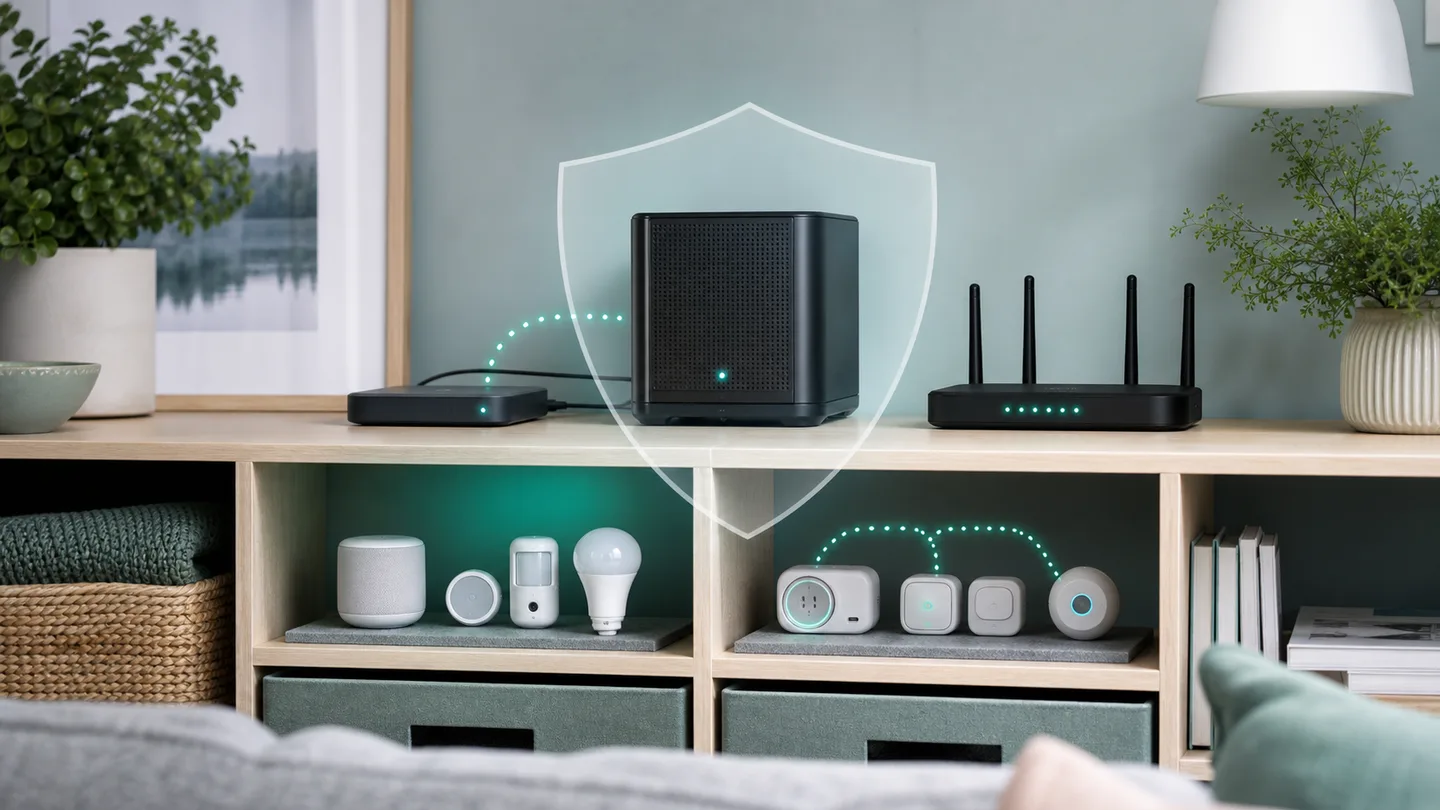 A compact smart-home server, backup drive, and groups of devices protected by a subtle shield