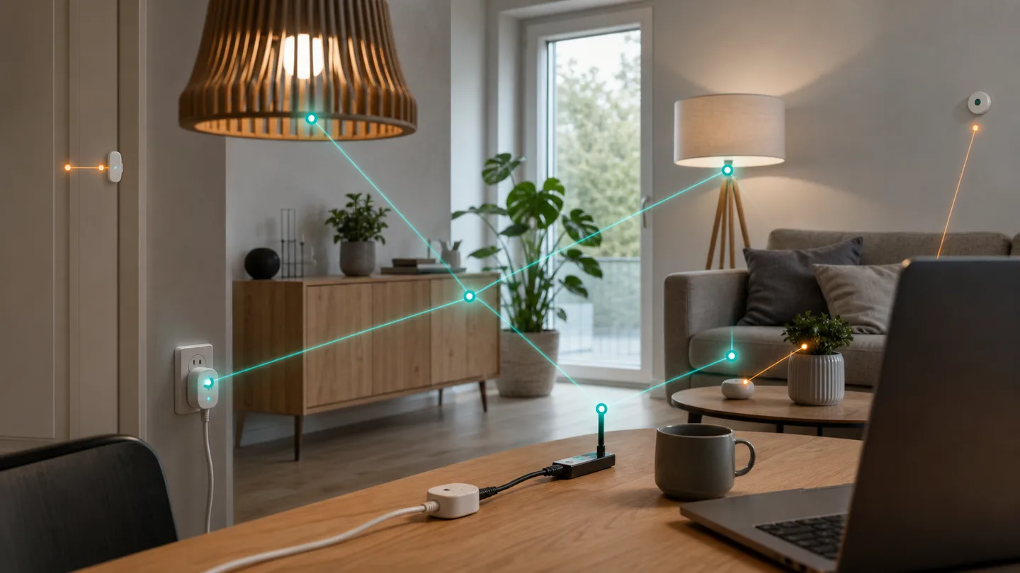 A home with Zigbee bulbs, sensors, and a coordinator connected in a subtle mesh