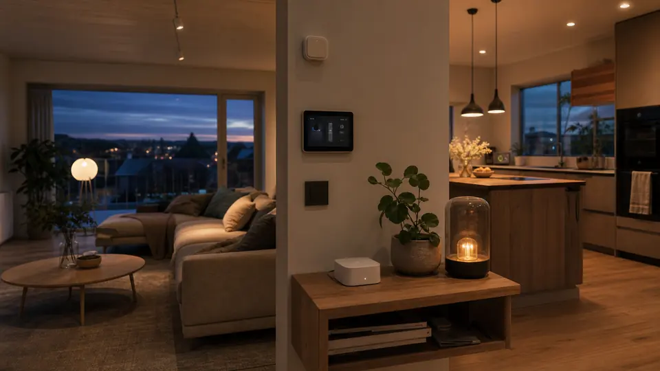 Calm evening light in a modern living room and kitchen where discreet smart home technology blends into the home.
